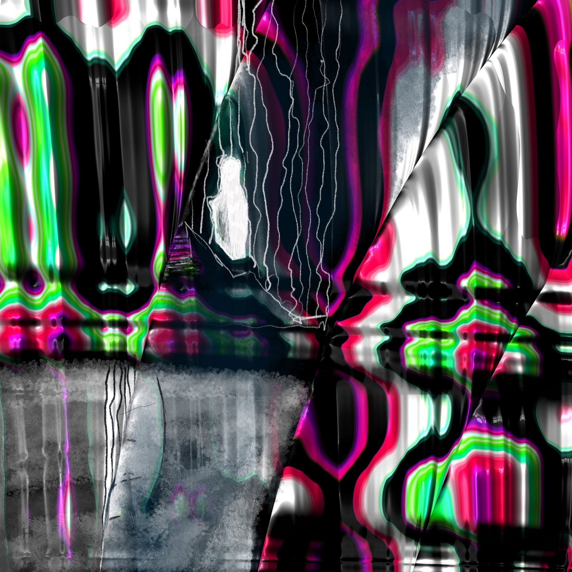 'Digital Mirage' by Julia Hargreaves. A vibrant digital artwork with an abstract and  distorted style.  It features neon colours like pink, green, blue, and purple against a dark background.  The distortions create a fluid, reflective surface with light bending and rippling through it.  Vertical streaks resembling elongated drips or stretched pixels add to the dynamic ssense of movement.  The overall effect is quite striking and open to various interpretertions depending on the viewers perspective.