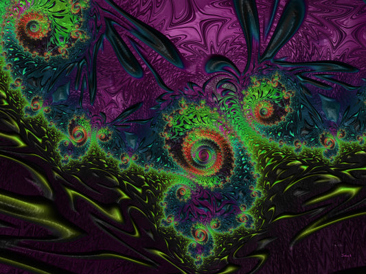 'Your Tears' fractal artwork by Julia Hargreaves - from the top left an orange and vivid green spiral swirls downward repeating a pattern of counterclockwise and clockwise fractal spirals.  The largest in the bottom left quarter.  The spirals are seperated by a torrent of dark waves that itensify then disappear into a textured splash-like indigo and purple background.