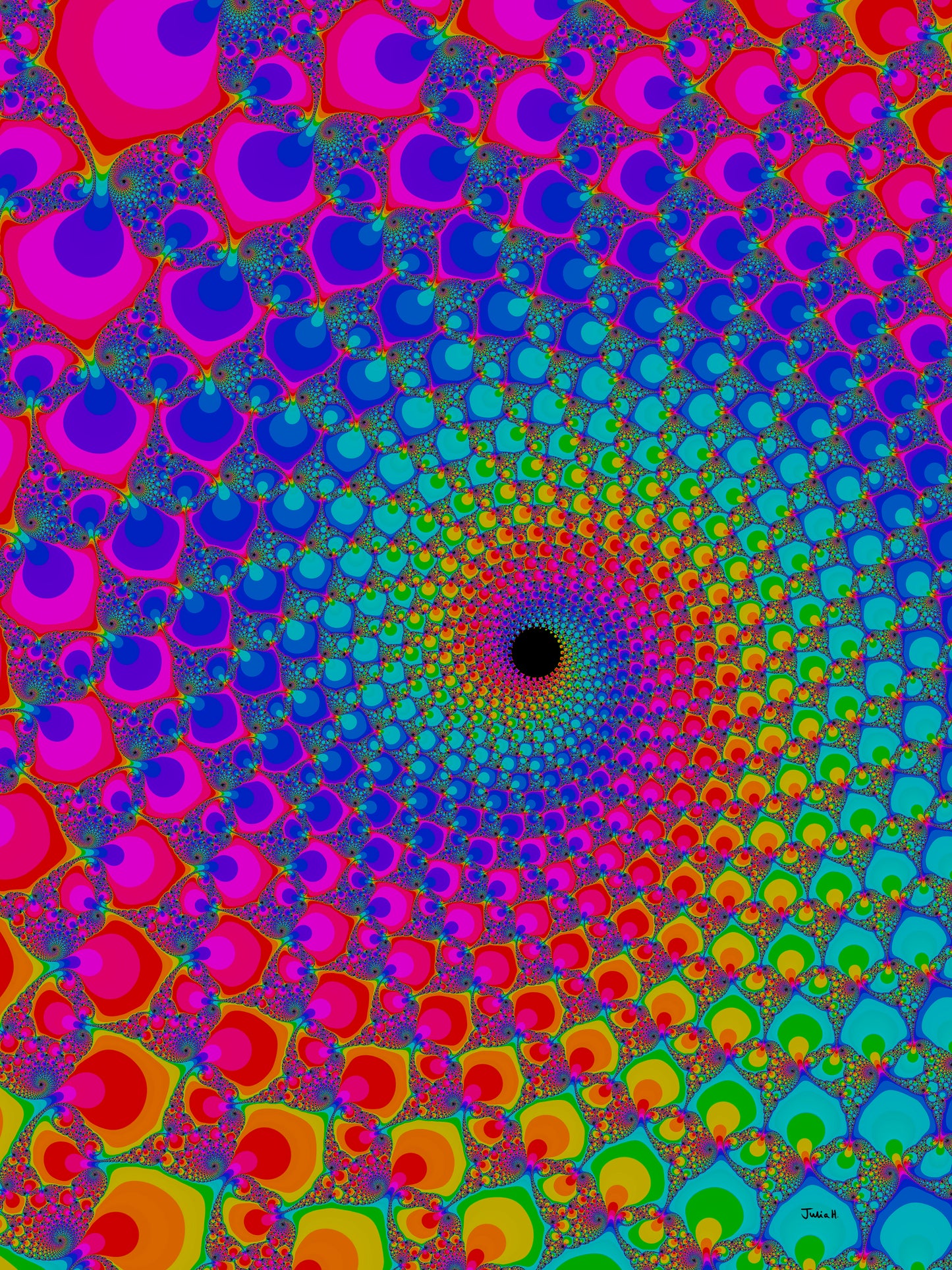 A fractal artwork by Julia Hargreaves, 'Downward Spiral' depicts a colourful spiral of fractal forms.