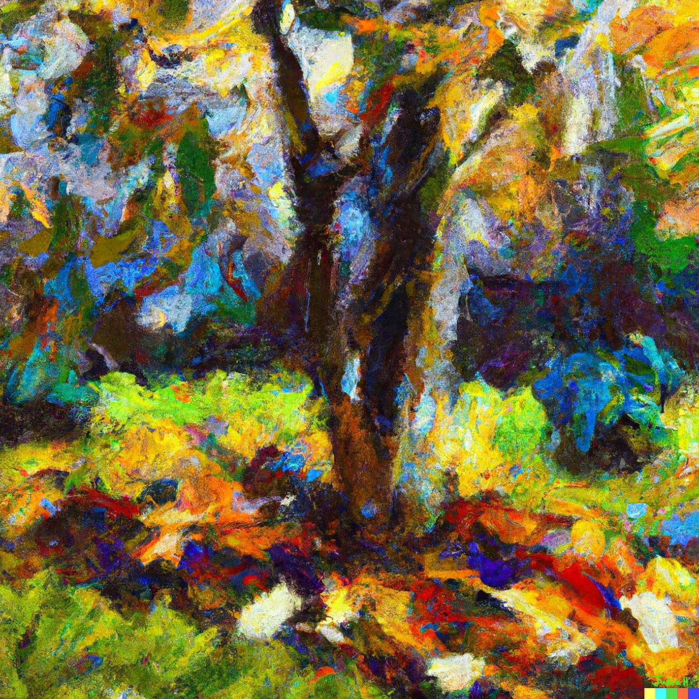 An impressionist style AI-generated digital artwork by Julia Hargreaves and DALL-E, ‘Fallen Leaves’ depicts a multi-trunk tree shedding vibrant colourful leaves.  The tree stands in a lush green grassy area blanketed with colourful fallen leaves, creating a captivating and symbolic artwork.