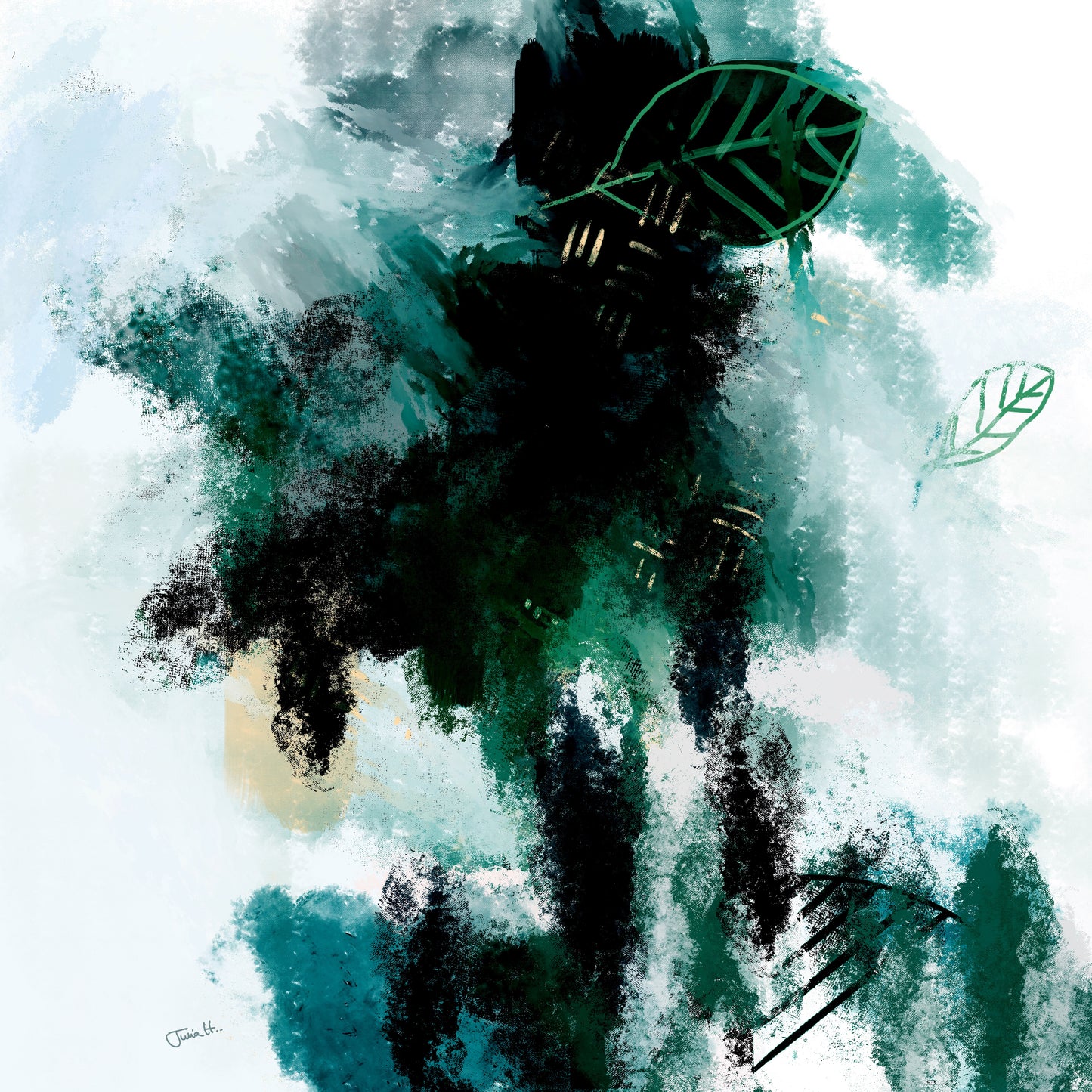 'Finding Space' (2024) digital painting by Julia Hargreaves.  An abstract composition in shades of turquoise and green. There are two recognisable leaf shapes, one top centre the other centre right.  The  digital brush strokes are loose  becoming emotionally charged in the top left of the image giving the viewer a sense of freedom and purpose.