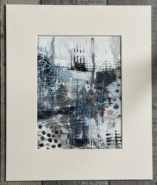 Silent Struggles (2024), mixed media artwork by Julia Hargreaves. An abstract composition featuring a mix of blue, black, and red tones with scribbled lines and textured patterns. It has a dynamic feel due to the interplay of different elements and layering.