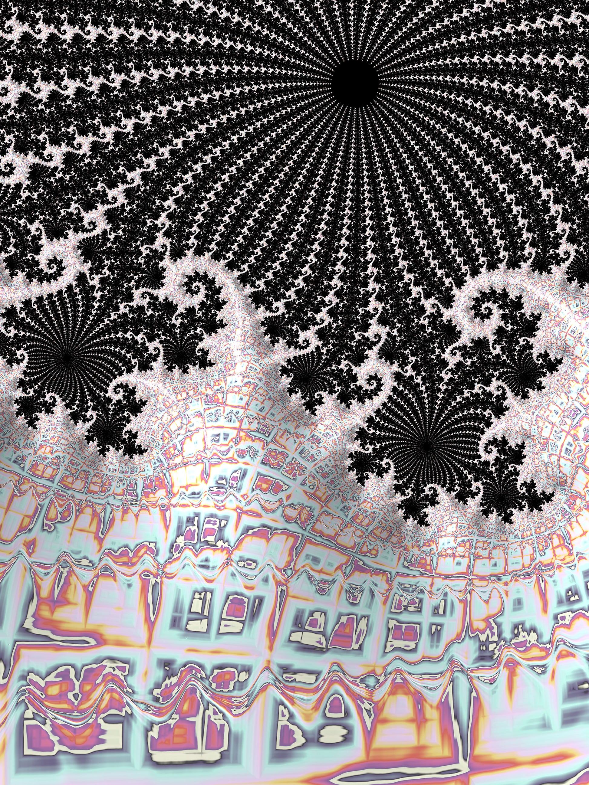 'Architectural Dreamscape' by Julia Hargreaves,  features a fractal pattern with a complex, recursive structure that creates a visually captivating effect.  The upper portion features a starburst pattern with numerous points converging towards a central dark void.  Below this, there are warped and curved shapes resembling distorted architectural forms or abstract geometric patterns in shades of pink, white, and turquoise against a darker background. 