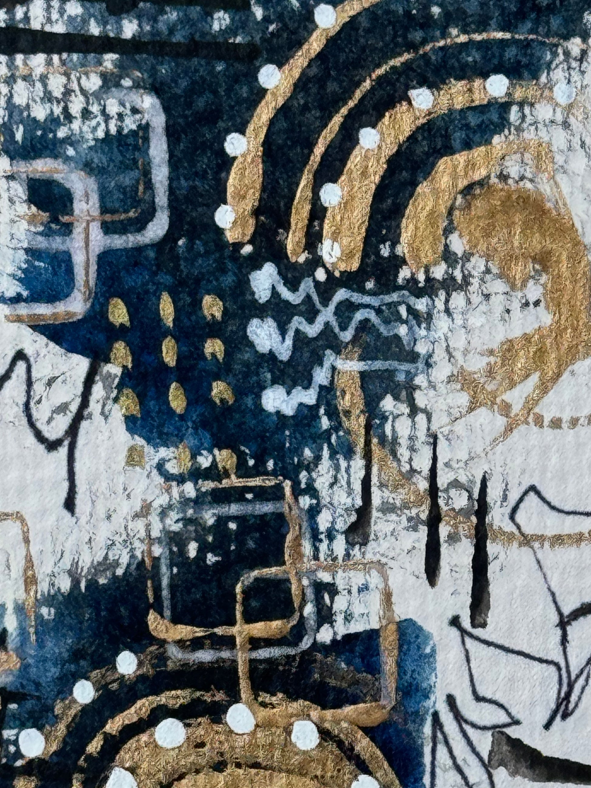 Abstract mixed media artwork featuring geometric shapes, lines, and splatters in blue, brown, and gold hues on a white background.