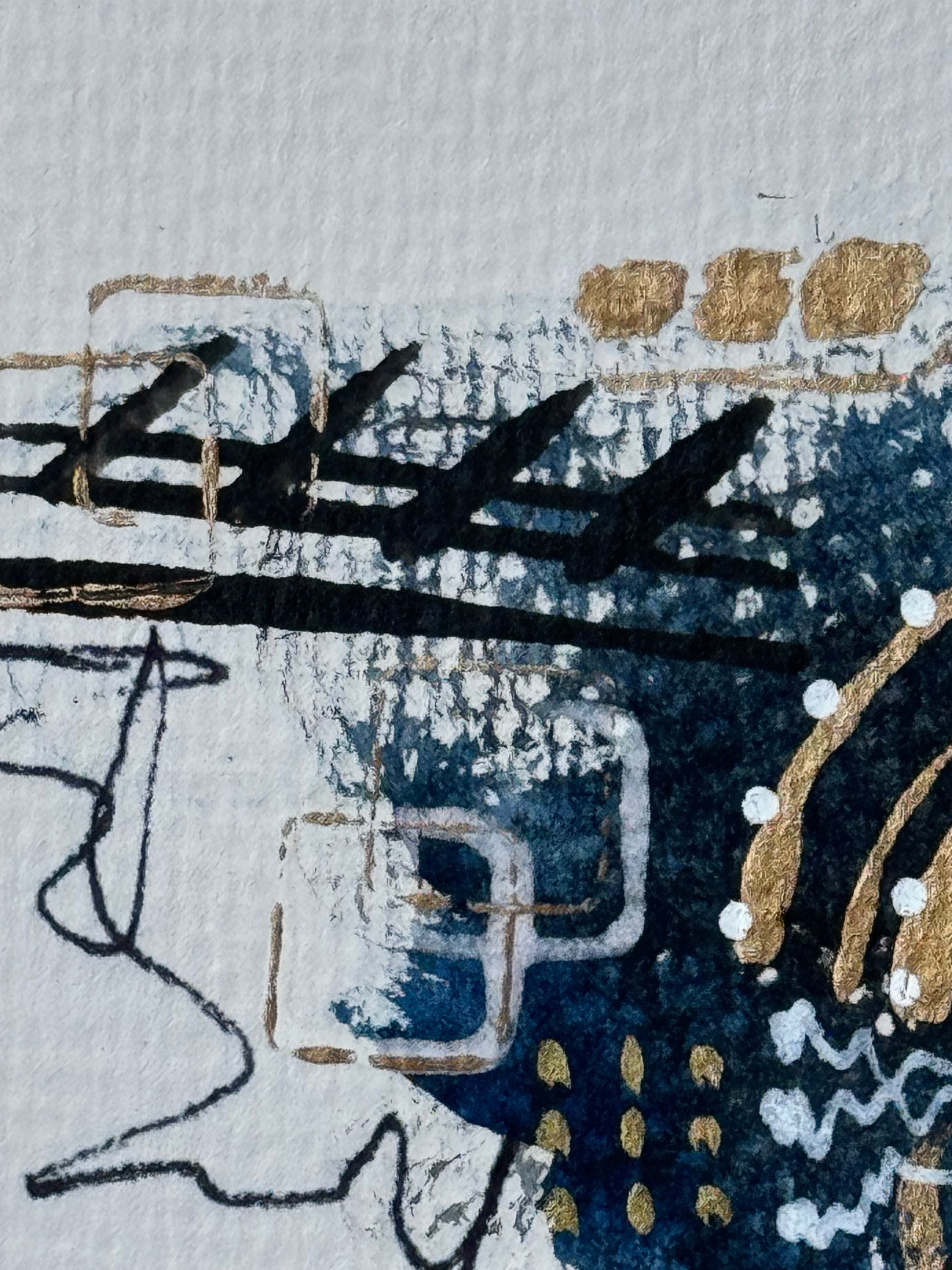 Abstract mixed media artwork featuring geometric shapes, lines, and splatters in blue, brown, and gold hues on a white background.