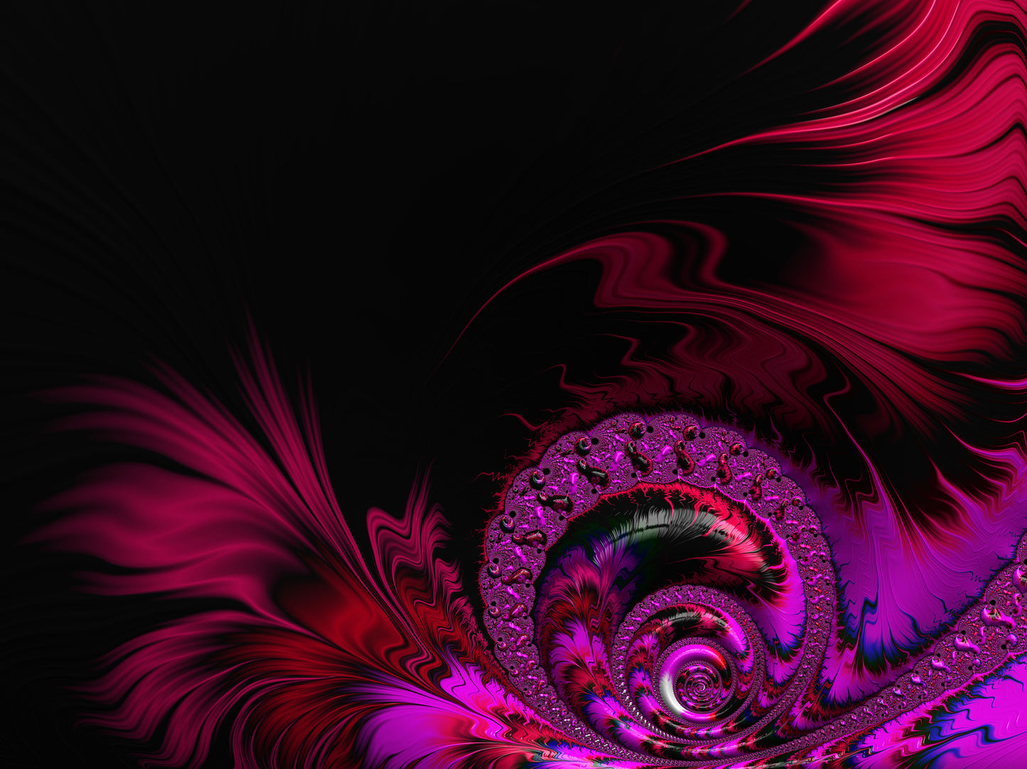 'Whispers of the Abyss' by Julia Hargreaves.Digital art piece featuring a fractal design.  It showcases a spiral pattern with intricate detailing in various shades of pink, red, purple, accented with black.  The vibrant colours and detailed pattern create a sense of depth and complexity.