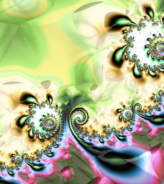 Sensual Connection by Julia Hargreaves.A stunning piece of digital abstract art. It features vibrant colours and intricate fractal structures. These formations have detailed, ornate edges that spiral and branch out in an organic manner. The colour palette includes shades of green, yellow, white, pink, and hints of blue, creating a visually captivating scene. The background has areas of light and shadow, adding depth to the overall composition.