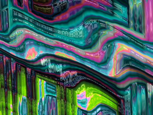 'Psychedelic Flow' digital artwork by Julia Hargreaves. A vibrant abstract pattern with a fluid, almost liquid-like aooearance.  The colours are vivid and varied, including shades of pink, green, blue, and purple.  The  patterns have a marbled effect with swirling lines and what appear to be depth of layering in the design.   There are also vertical streaks that resemble melting material.