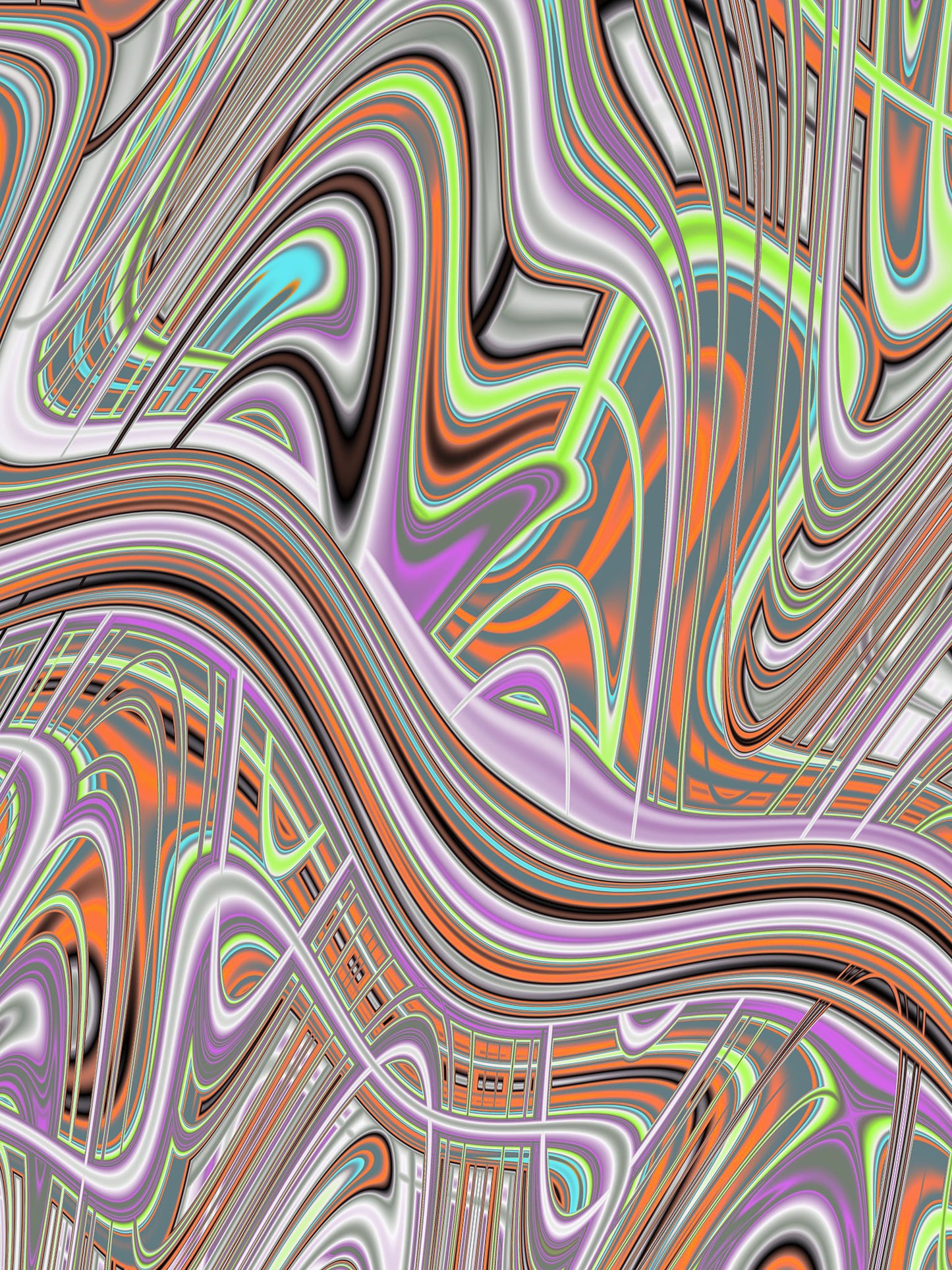 'Digital Waves 1" digital artwork by Julia Hargreaves composed of  a complex abstract pattern with a multitude of swirling lines and curves.  The colours are vibrant, featurning a mix of  oranges, green, bule and purples with highlights of white that create a sense of depth and movement.  The lines intertwine and overlap in a way that suggests fluidity and motion.