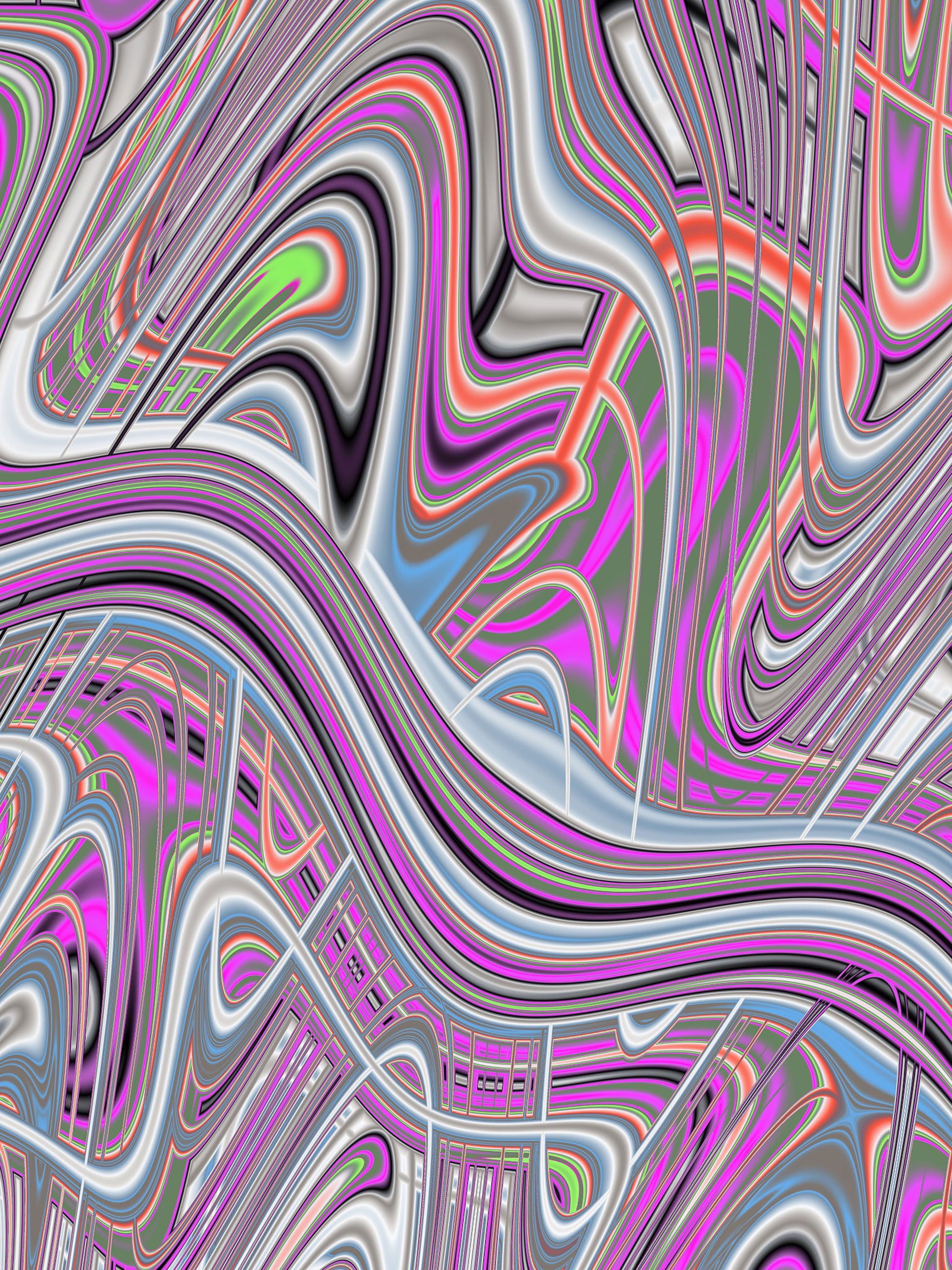 A complex abstract pattern with a multitude of swirling lines and curves.  The colours are vibrant, featurning a mix of  pinks, oranges, greens and blues with highlights of white that create a sense of depth and movement.  The lines intertwine and overlap in a way that suggests fluidity and motion.