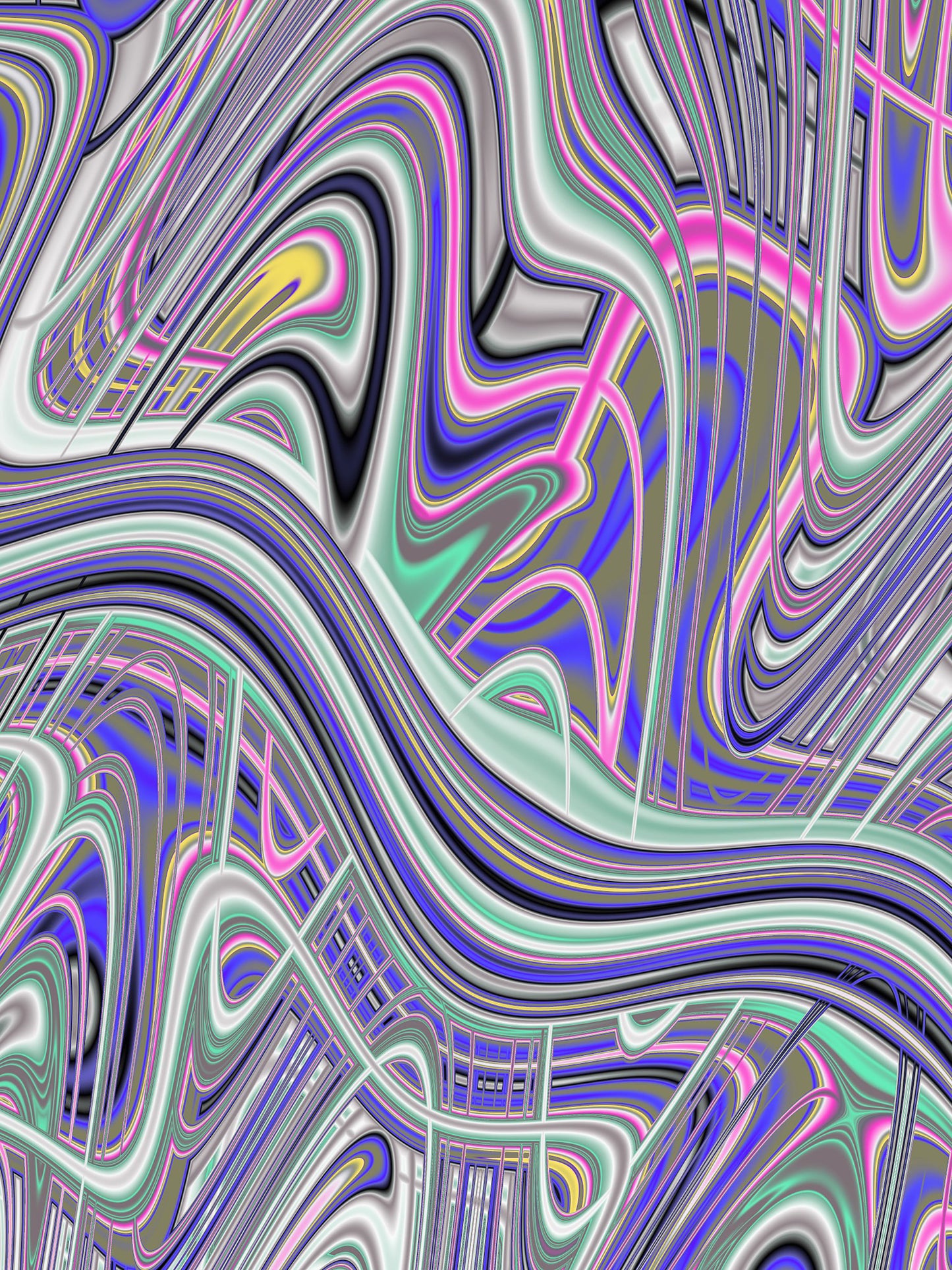 'Digital Waves 3' by Julia Hargreaves. A complex abstract pattern with a multitude of swirling lines and curves.  The colours are vibrant, featurning a mix of  oranges, green, bule and purples with highlights of white that create a sense of depth and movement.  The lines intertwine and overlap in a way that suggests fluidity and motion.