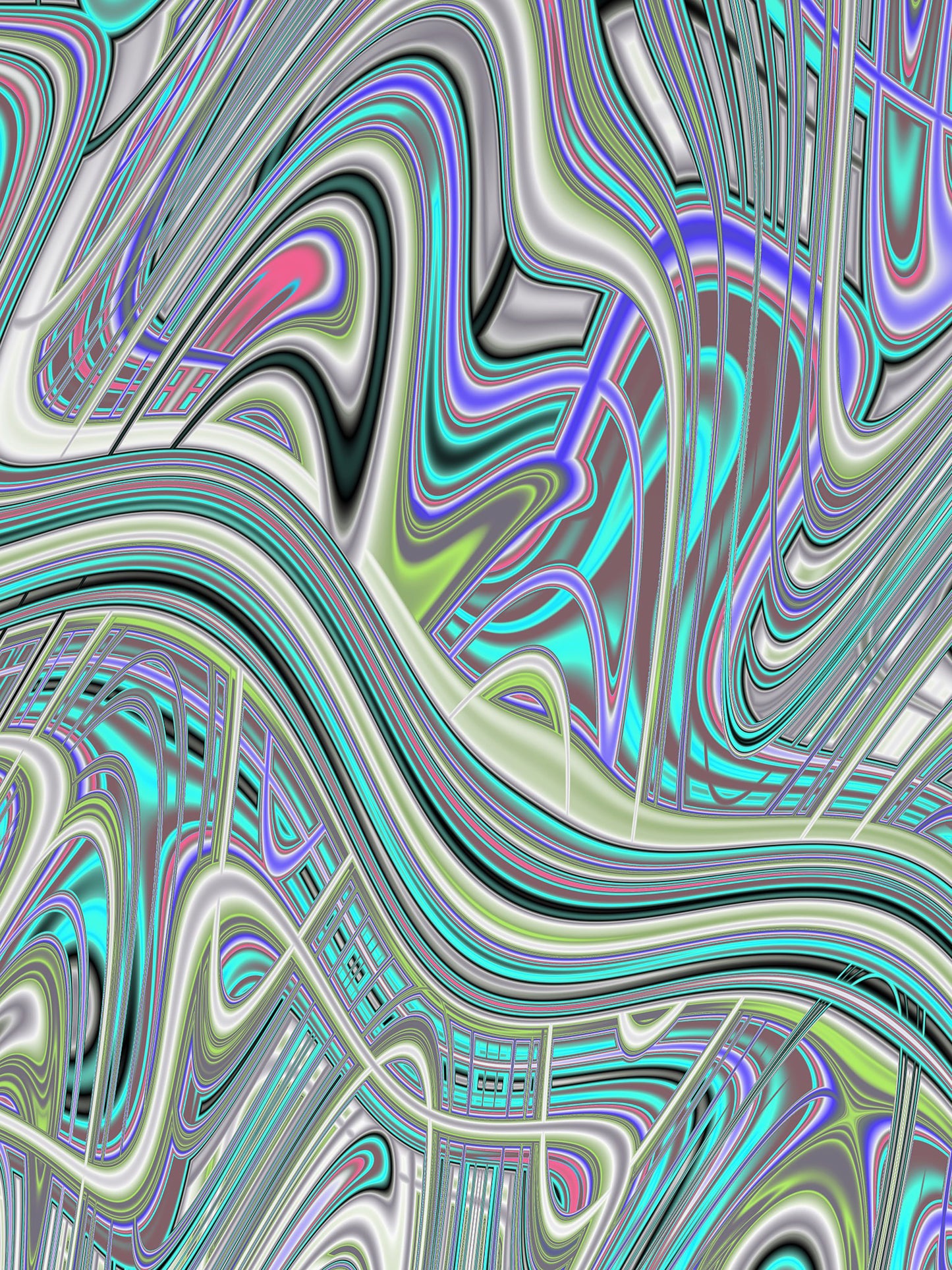 'Digital Waves 4' by Julia Hargreaves.A complex abstract pattern with a multitude of swirling lines and curves.  The colours are vibrant, featurning a mix of  turquoise,,greens and pinks with highlights of white that create a sense of depth and movement.  The lines intertwine and overlap in a way that suggests fluidity and motion.