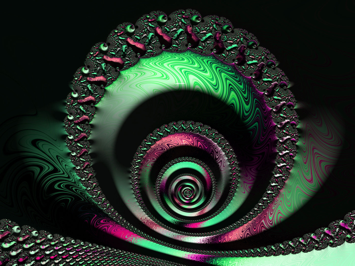 'Eternal Swirl 1' fractal art by Julia Hargreaves, features a fractal pattern with a spiral structure, characterised by its self-sililarity, meaning the pattern repeasts at different scales.  The colours a predominantly green, with accents of pink and purple, set against a black background.  This creates a visually striking contrast.  The intricate details and the mathematical nature of fractals make this artwork fascinating, as it represents complex patterns found in both nature and mathematics.