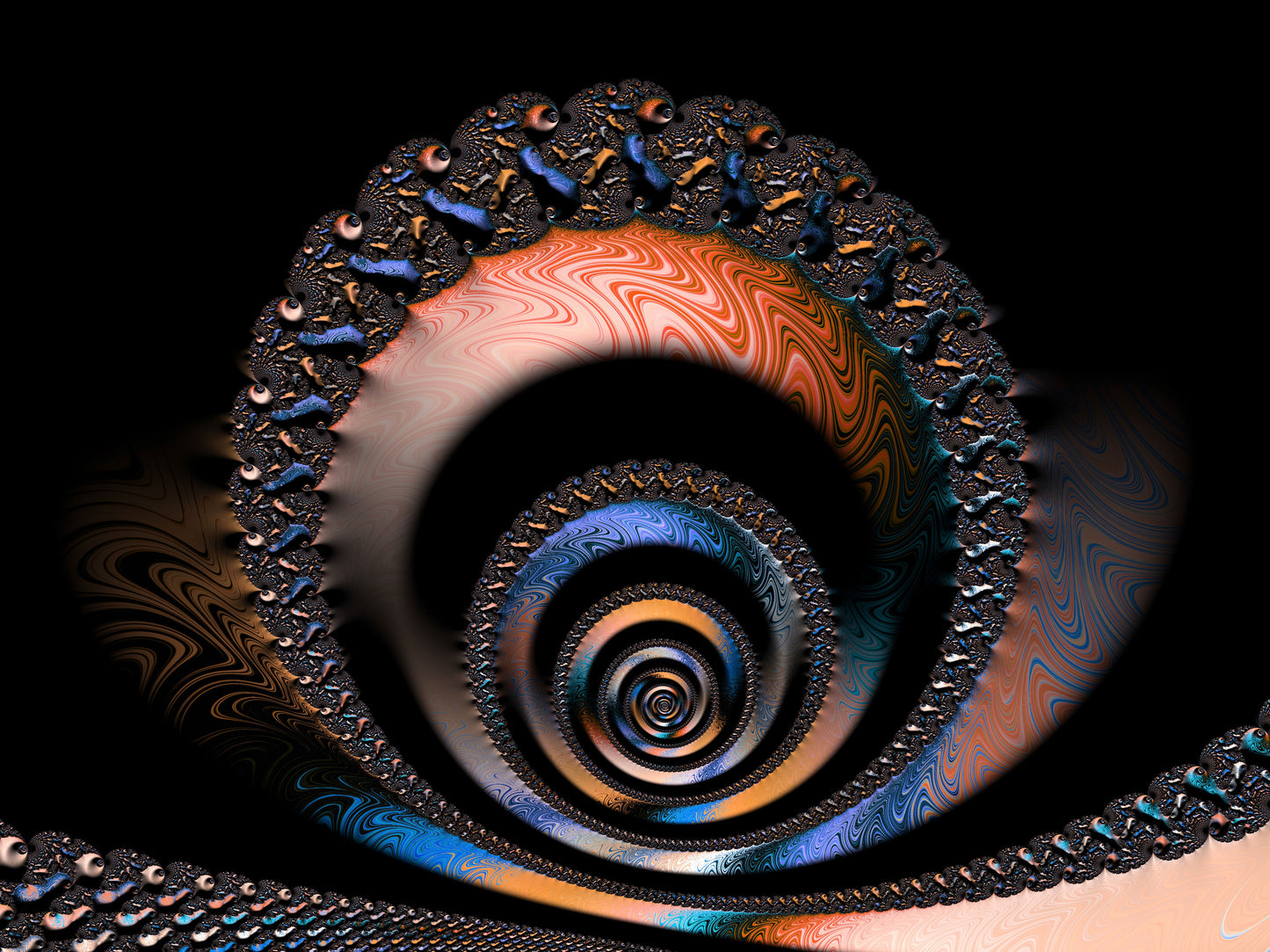 'Eternal Swirl 2' fractal art by Julia Hargreaves, features a fractal pattern with a spiral structure, characterised by its self-sililarity, meaning the pattern repeasts at different scales.  The colours a predominantly `orange, with accents of blue and turquoise, set against a black background.  This creates a visually striking contrast.  The intricate details and the mathematical nature of fractals make this artwork fascinating, as it represents complex patterns found in both nature and mathematics.