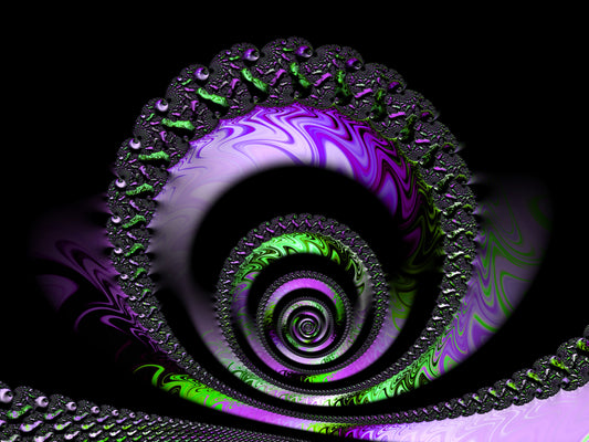 'Eternal Swirl 3' fractal art by Julia Hargreaves, features a fractal pattern with a spiral structure, characterised by its self-sililarity, meaning the pattern repeasts at different scales.  The colours a predominantly purple, with accents of green, set against a black background.  This creates a visually striking contrast.  The intricate details and the mathematical nature of fractals make this artwork fascinating, as it represents complex patterns found in both nature and mathematics.