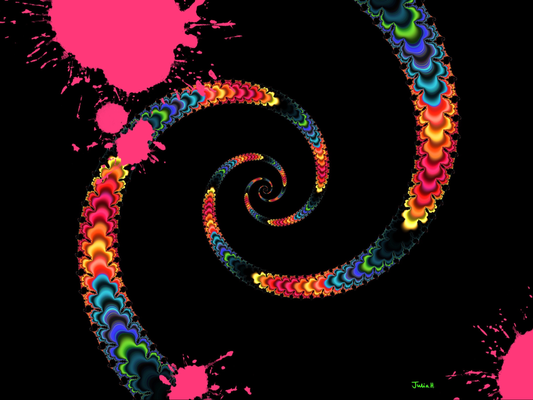 An abstract digital artwork by Julia Hargreaves, 'Primitive Joy' Featuring abstract fractal artwork and vibrant pink splatters atop a black background.  The two fractal spirals flow in opposing directions, widening as they reach to the top and bottom of the image.  They are filled with a repeating colour pattern, creating a sense of movement and order.  Pink splatters occupy the upper right and the lower left corner of the image.