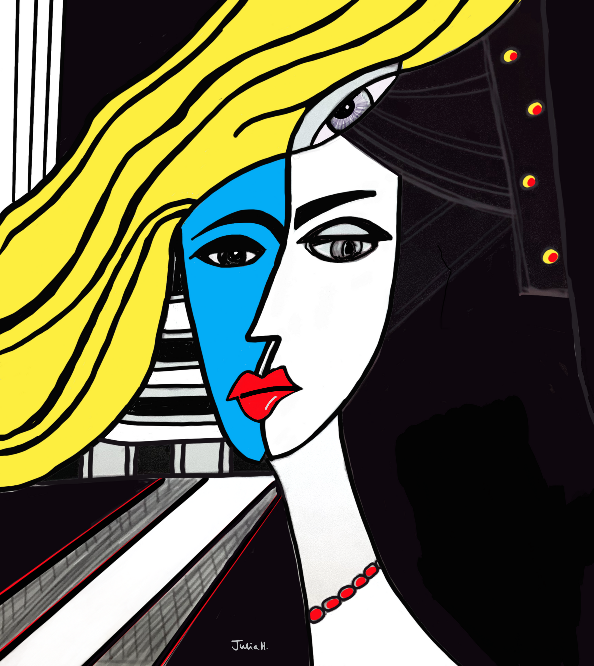 'Adriana' (2024) by Julia Hargraves a digital artwork featuring a person with long, flowing yellow hair.  The person's eyes are detailed with black eyeliner and red lips, adding a splash of colour.  The background is divided into black and white sections, creating a striking contrast.