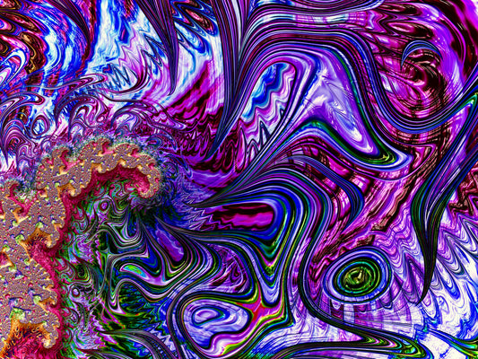 'Carved from Doubt' by Julia Hargreaves.The fractal artwork features a highly abstract and colourful pattern.  It has swirling and sdistorted shapes with vibrant colours like pinks, blues, purples, and hints of gold.  The intricate patterns and the way the colours blend together create a visually striking and appealing psychedelic effect.