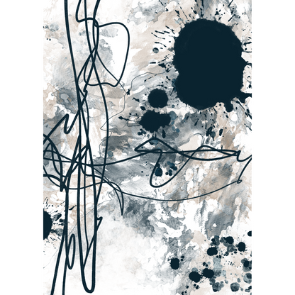 'Ink Dance' abstract artwork with blue lines and splashes on a muted tonal  background