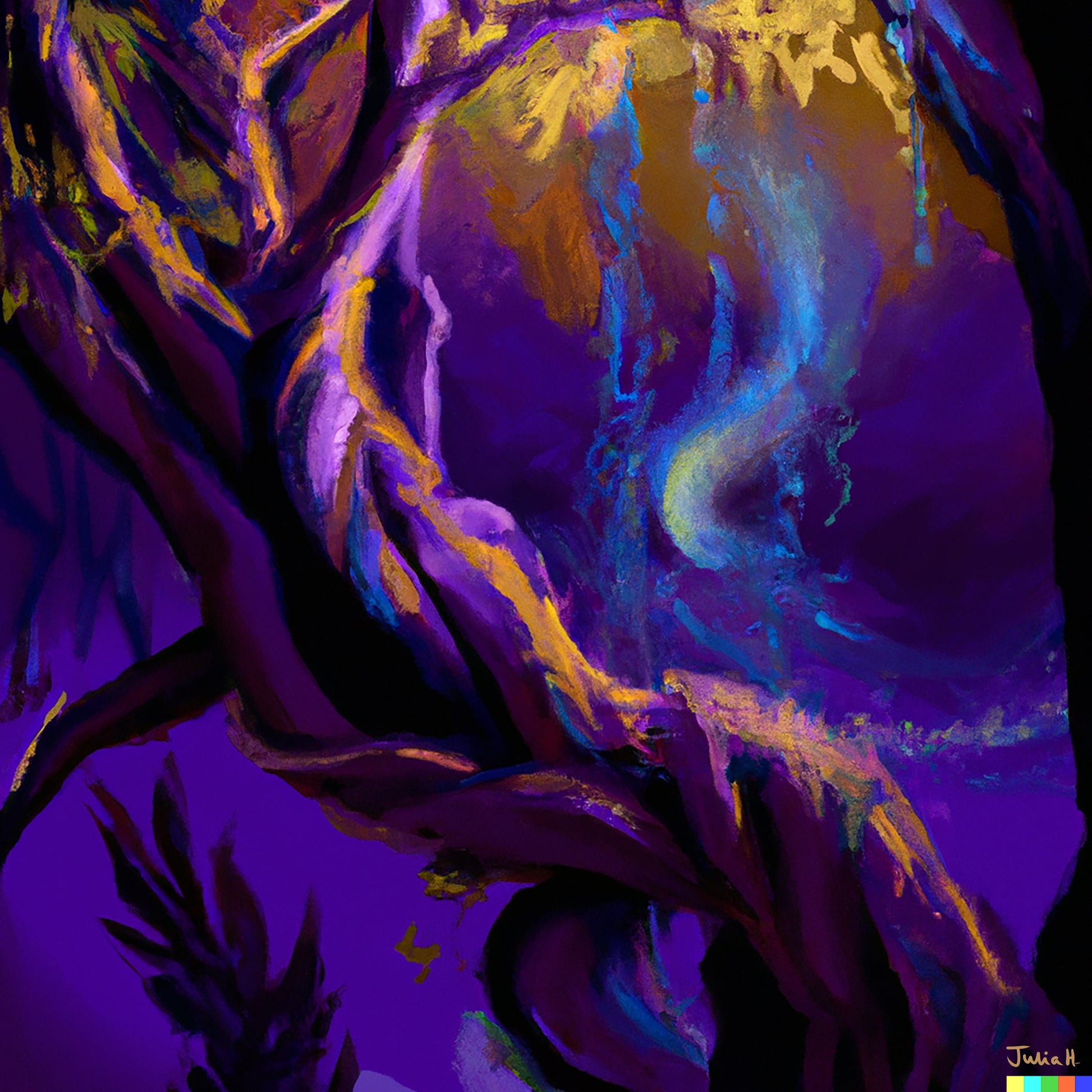 An AI-generated artwork by Julia Hargreaves and DALL-E, ‘Mystical Tree’ depicts a purple tree with contrasting gold hues that highlight the tree’s form.  The tree is distorted which creates a sense of movement and depth against an enchanting tranquil background. This image is part of a series called ‘Autumn’.