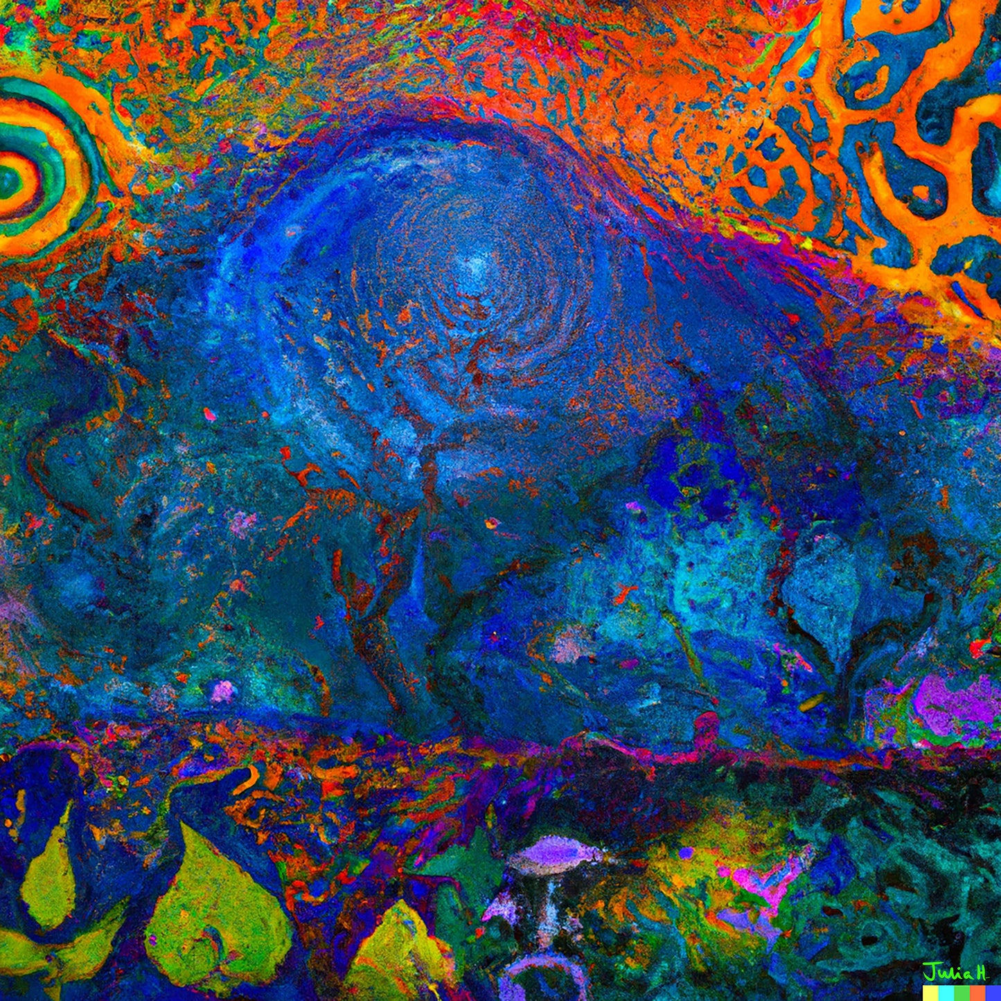 An AI-generated artwork by Julia Hargreaves and DALL-E.  Rendered in a painterly style ‘Nothing Gold Can Stay’ depicts a colourful, chaotic landscape.  The AI uses a mixture of vibrant and dull colours to create a sense of impermanence and loss in the image.  The image is part of the ‘Autumn’ series of AI-generated digital artworks. 