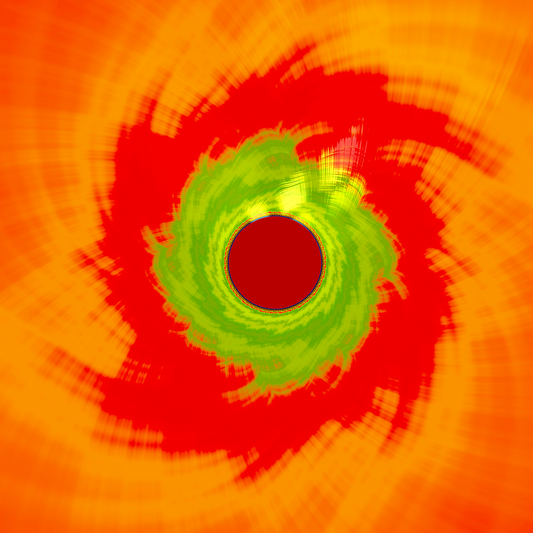 Appetite abstract digital artwork featuring a circular abstract graphic with a dark red center, a bright green ring around it, and sweeping red and orange brush-like bands radiating outward.