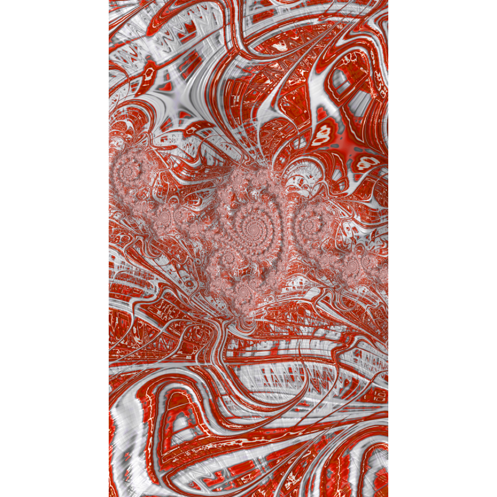 Abstract fractal artwork featuring swirling, flowing lines and ornate spiral motifs in vibrant red and white.