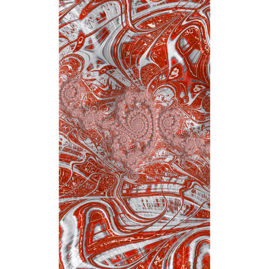 Abstract fractal artwork featuring swirling, flowing lines and ornate spiral motifs in vibrant red and white.