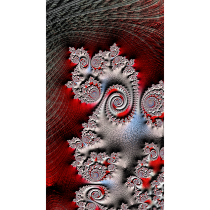 Before - Abstract fractal artwork featuring intricate spiral and branch-like patterns in metallic silver-gray, deep red, and black, presented vertically.