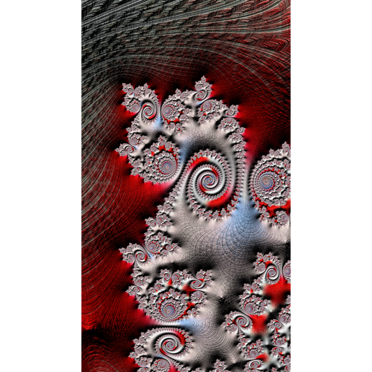 Before - Abstract fractal artwork featuring intricate spiral and branch-like patterns in metallic silver-gray, deep red, and black, presented vertically.