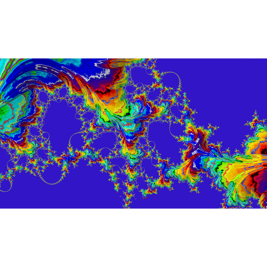 Between Us - A colorful abstract fractal artwork with swirling, branching patterns in red, orange, yellow, green, blue, and purple.