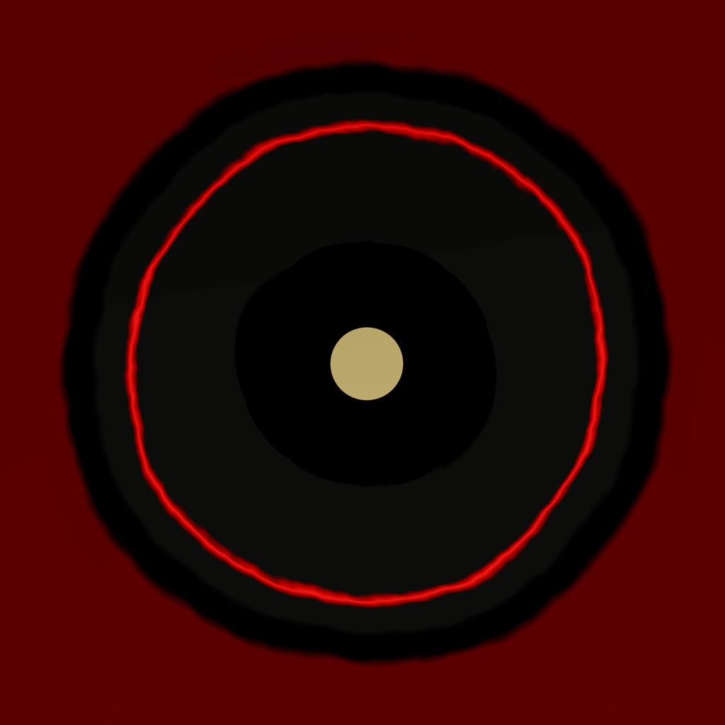 Boundary abstract digital artwork - stylized circular graphic on a dark red background, featuring concentric black rings with a glowing red inner ring and a small beige center.