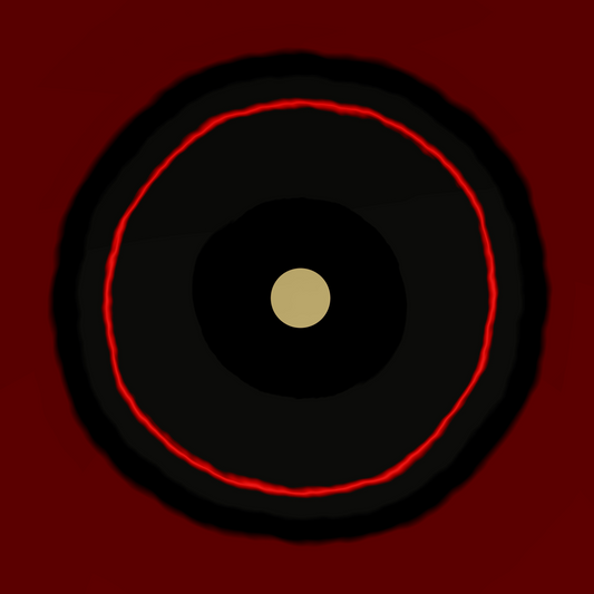 Boundary abstract digital artwork - stylized circular graphic on a dark red background, featuring concentric black rings with a glowing red inner ring and a small beige center.