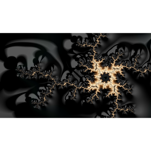Breakfast Meeting-Abstract fractal artwork with a glowing gold and beige branching pattern over a dark black and gray background.