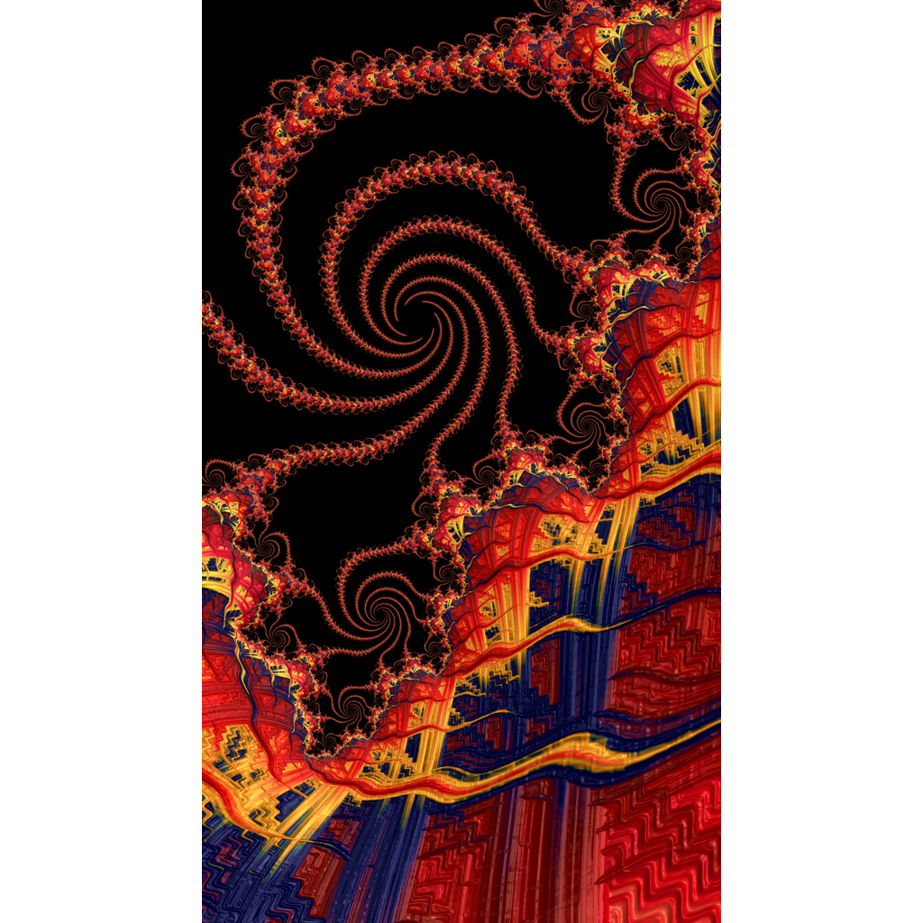 From Beyond-Abstract fractal artwork with a black background, a red spiral pattern, and layered architectural forms in red, orange, yellow, and blue.