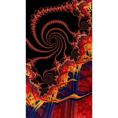 From Beyond-Abstract fractal artwork with a black background, a red spiral pattern, and layered architectural forms in red, orange, yellow, and blue.