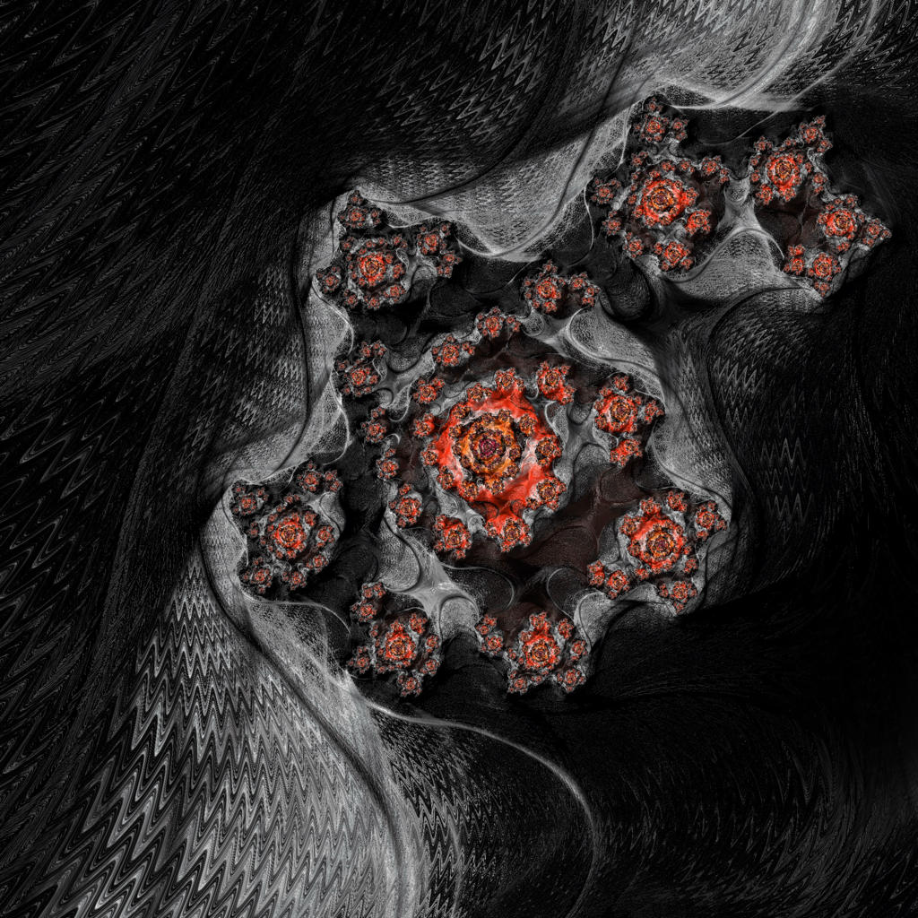 Abstract fractal artwork with a central bright red-orange spiral surrounded by layered gray, black, and white flowing textures and smaller red-orange floral fractals.