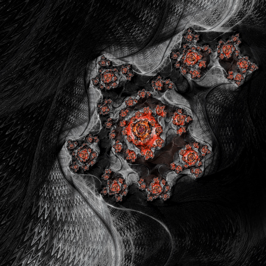 Abstract fractal artwork with a central bright red-orange spiral surrounded by layered gray, black, and white flowing textures and smaller red-orange floral fractals.
