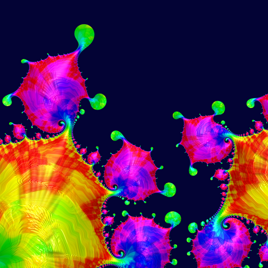 Should 1? - Vibrant abstract fractal artwork with neon pink, purple, blue, green, and yellow organic shapes on a dark navy background.