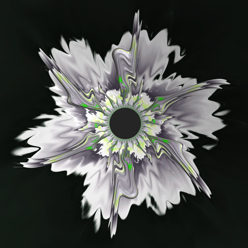 Sometimes - Abstract digital artwork  in white, gray, and black with small neon green accents, centered on a black background.