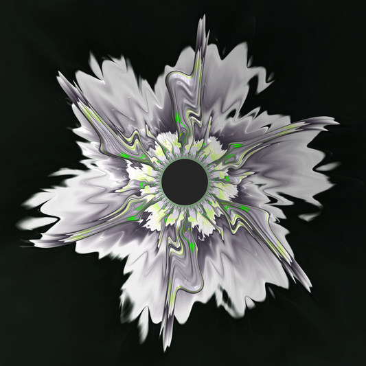 Sometimes - Abstract digital artwork  in white, gray, and black with small neon green accents, centered on a black background.