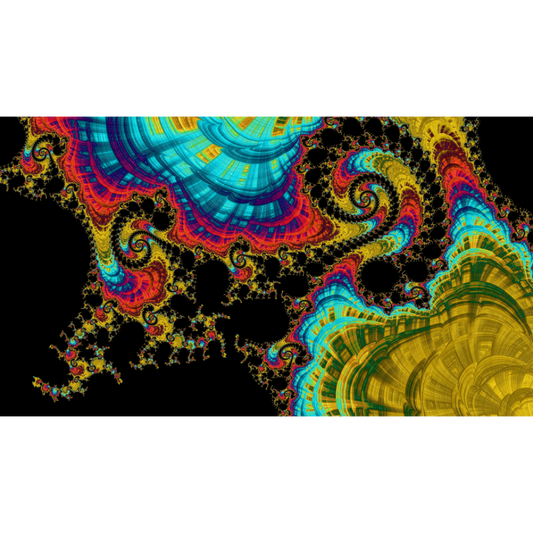 A colourful abstract fractal artwork with spiral and layered organic patterns in bright cyan, yellow, red, purple, and green on a black field.