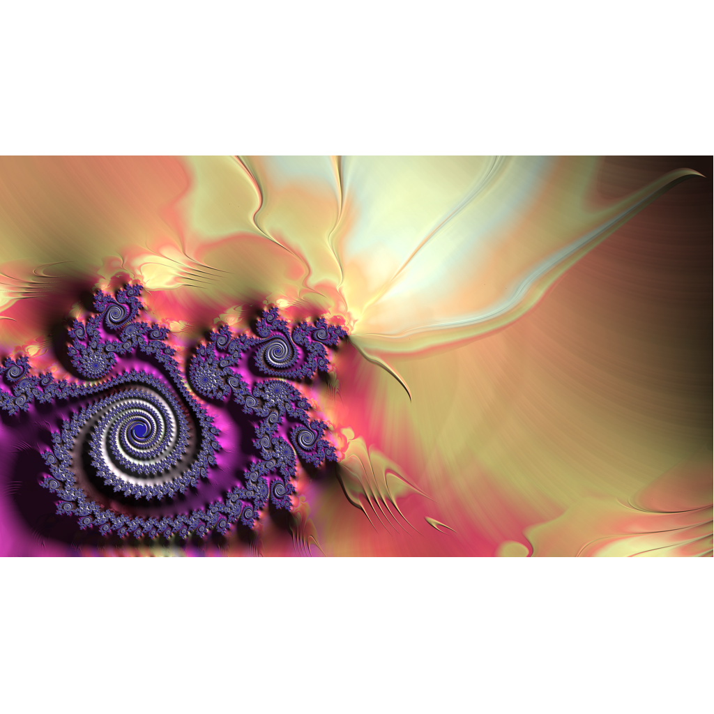 Abstract digital artwork featuring a detailed purple and silver spiral fractal on the left, blending into flowing waves of pink, yellow, and cream on the right.
