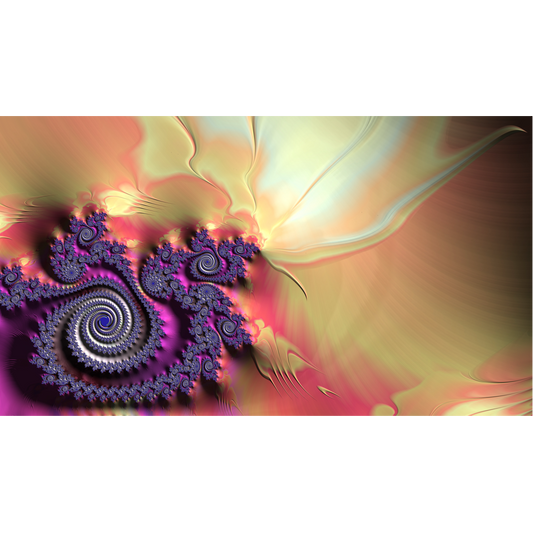 Abstract digital artwork featuring a detailed purple and silver spiral fractal on the left, blending into flowing waves of pink, yellow, and cream on the right.