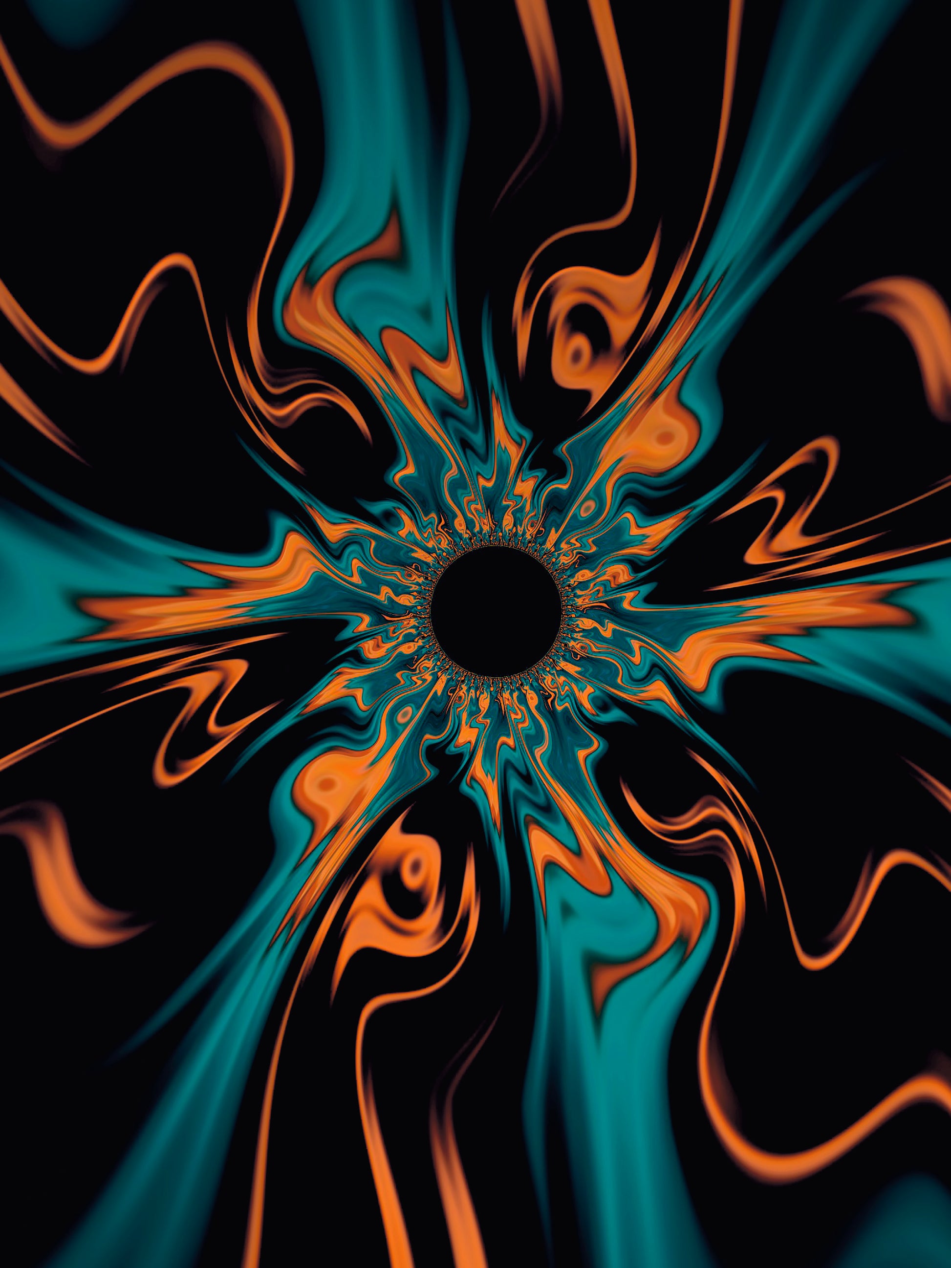 'Shall We Dance?' fractal artwork by Julia Hargreaves features a central circular form from which  vibrant orange and turquoise rhythmic forms dance atop the black background.