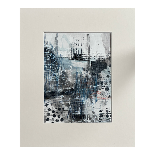 Silent Struggles (2024), mixed media artwork by Julia Hargreaves. An abstract composition featuring a mix of blue, black, and red tones with scribbled lines and textured patterns. It has a dynamic feel due to the interplay of different elements and layering.