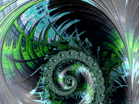 A fractal artwork by Julia Hargreaves, 'Silent Noise' is composed of an abstract  pattern of shapes and lines that embellish a fractal spiral.  The artist uses subtle textures and hues of black, green and blue creating a sense of balance and harmony.