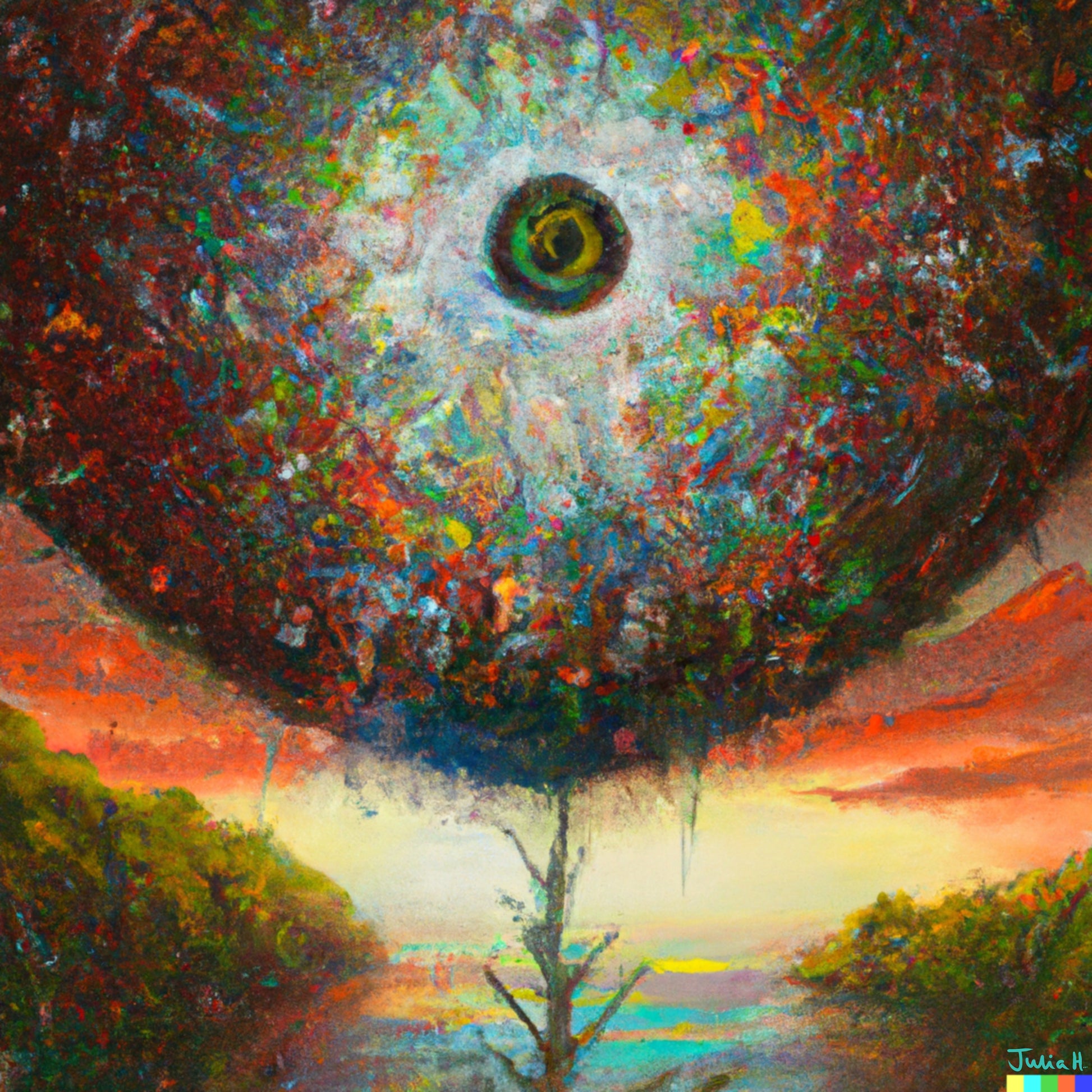 An AI-generated digital artwork by Julia Hargreaves and DALL-E.  Rendered in a painterly style ‘To Autumn’ depicts a large eye-like sphere above a river.  The sphere has two geometric circles in the centre surrounded by a wealth of rich and vibrant autumnal hues.  Two riverbanks lay either side of a river that appears to disappear into a sea of light before a muddy red background.