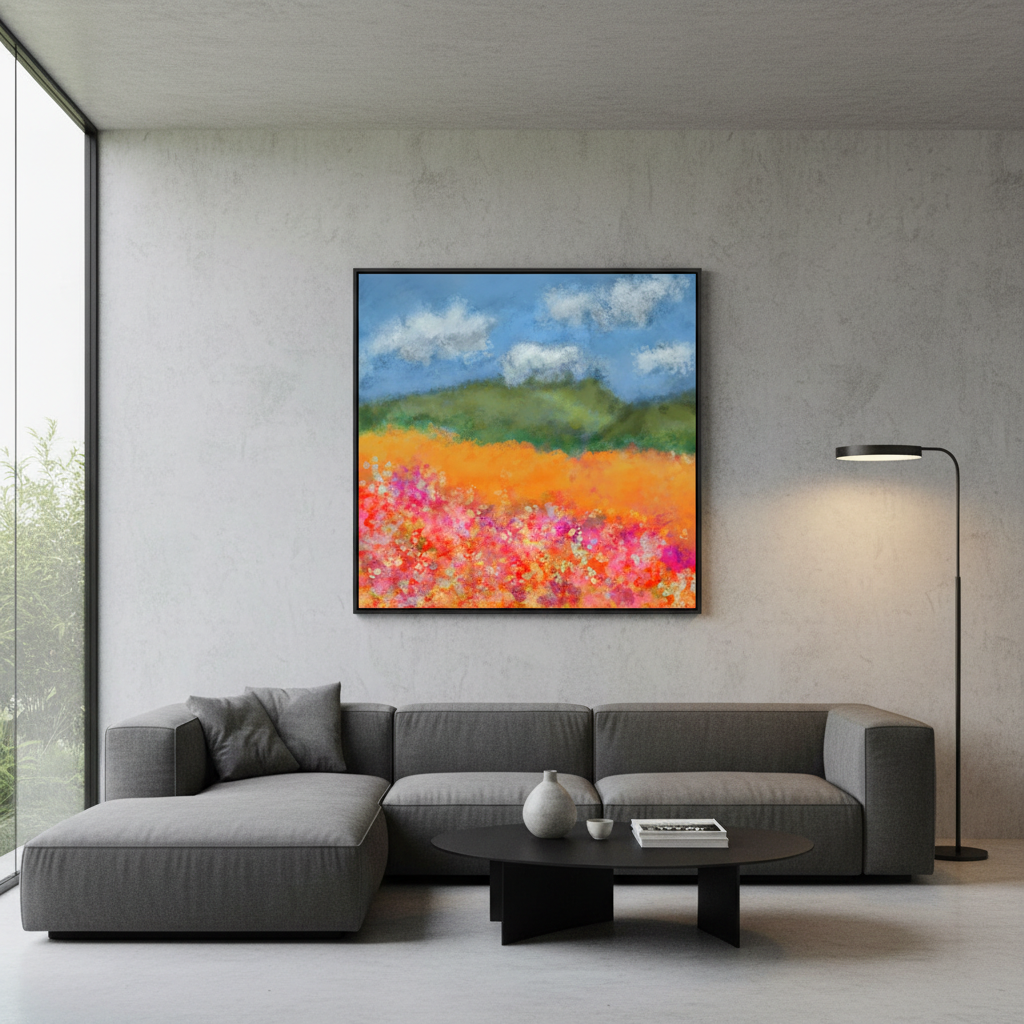 ...A Warmth Rose Up semi-abstract digital landscaped displayed on a Digital Canvas in a contemporary setting.