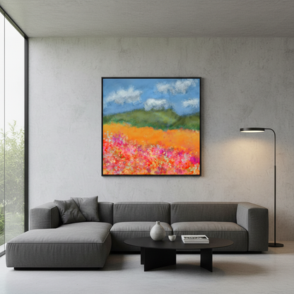 ...A Warmth Rose Up semi-abstract digital landscaped displayed on a Digital Canvas in a contemporary setting.